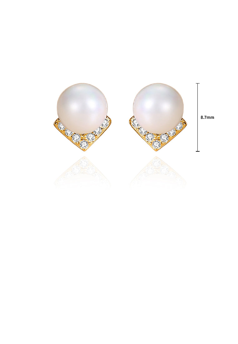 925 Sterling Silver Plated Gold Simple Elegant Alphabet V Imitation Pearl Stud Earrings with Cubic Zirconia - Luxurious Look
