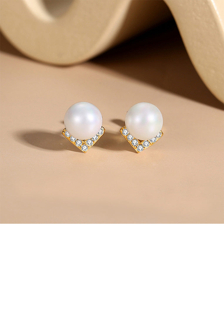 925 Sterling Silver Plated Gold Simple Elegant Alphabet V Imitation Pearl Stud Earrings with Cubic Zirconia - Luxurious Look