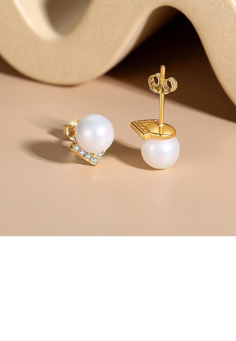 925 Sterling Silver Plated Gold Simple Elegant Alphabet V Imitation Pearl Stud Earrings with Cubic Zirconia - Luxurious Look