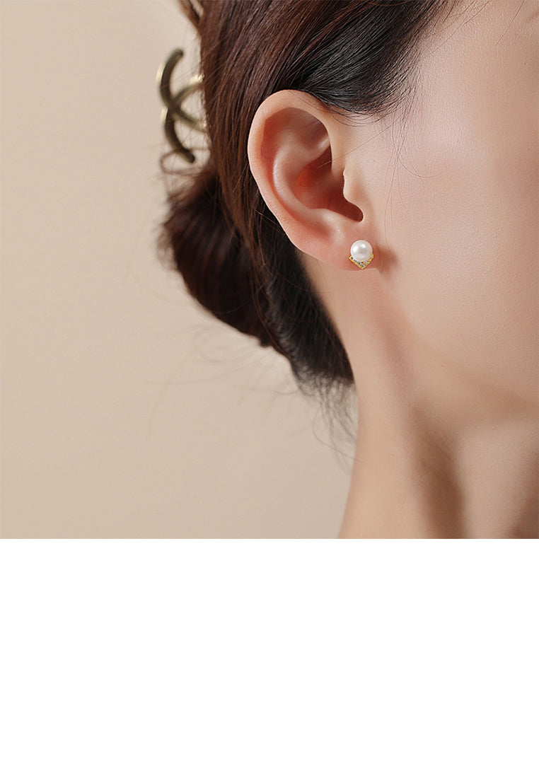 925 Sterling Silver Plated Gold Simple Elegant Alphabet V Imitation Pearl Stud Earrings with Cubic Zirconia - Luxurious Look