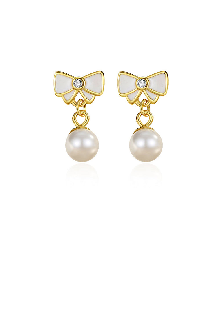 925 Sterling Silver Plated Gold Simple Sweet Ribbon Imitation Pearl Earrings with Cubic Zirconia - Luxurious Look