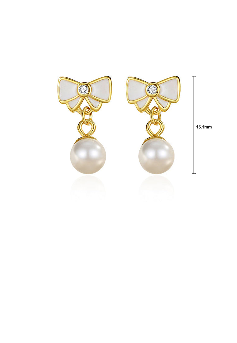 925 Sterling Silver Plated Gold Simple Sweet Ribbon Imitation Pearl Earrings with Cubic Zirconia - Luxurious Look