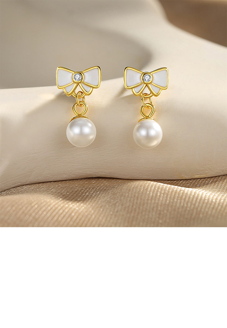 925 Sterling Silver Plated Gold Simple Sweet Ribbon Imitation Pearl Earrings with Cubic Zirconia - Luxurious Look