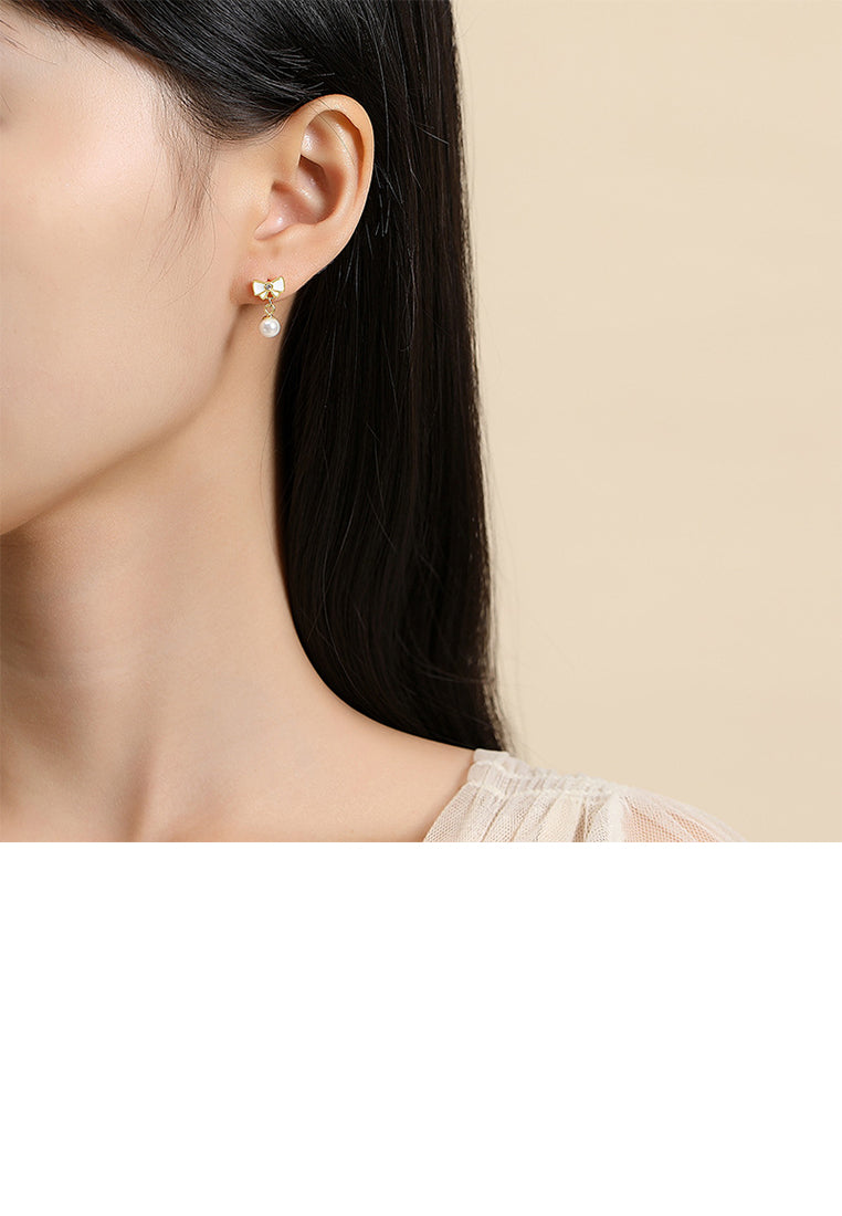 925 Sterling Silver Plated Gold Simple Sweet Ribbon Imitation Pearl Earrings with Cubic Zirconia - Luxurious Look