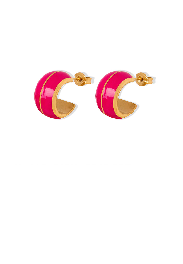 Fashion and Temperament Plated Gold 316L Stainless Steel Enamel Pink C-shaped Geometric Stud Earrings - Vibrant Color