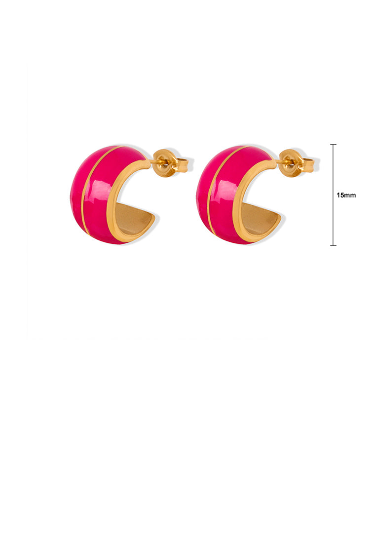 Fashion and Temperament Plated Gold 316L Stainless Steel Enamel Pink C-shaped Geometric Stud Earrings - Vibrant Color