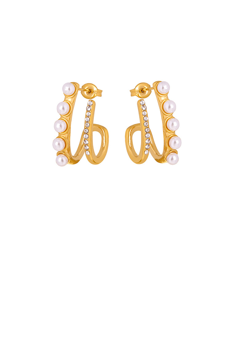 Fashion and Elegant Plated Gold 316L Stainless Steel Double-layer Line Imitation Pearl Geometric Stud Earrings with Cubic Zirconia - Luxurious Look