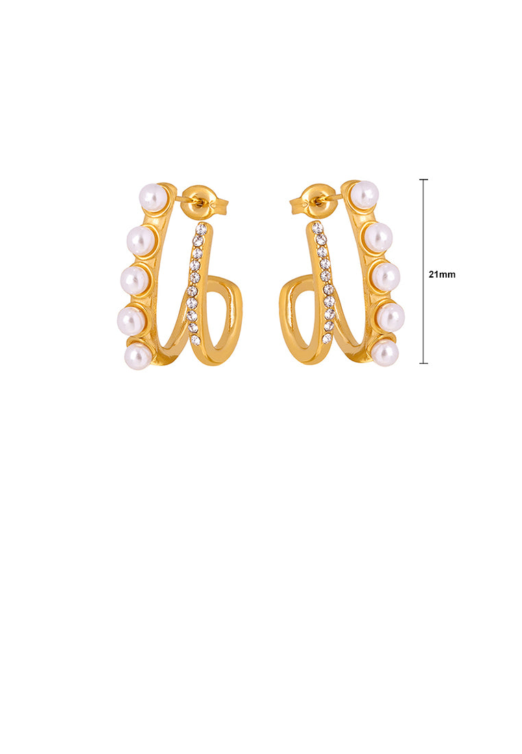 Fashion and Elegant Plated Gold 316L Stainless Steel Double-layer Line Imitation Pearl Geometric Stud Earrings with Cubic Zirconia - Luxurious Look