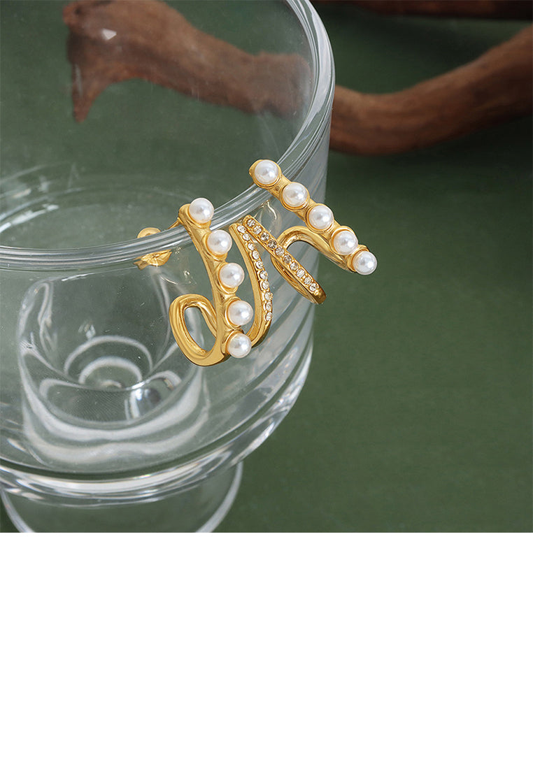 Fashion and Elegant Plated Gold 316L Stainless Steel Double-layer Line Imitation Pearl Geometric Stud Earrings with Cubic Zirconia - Luxurious Look