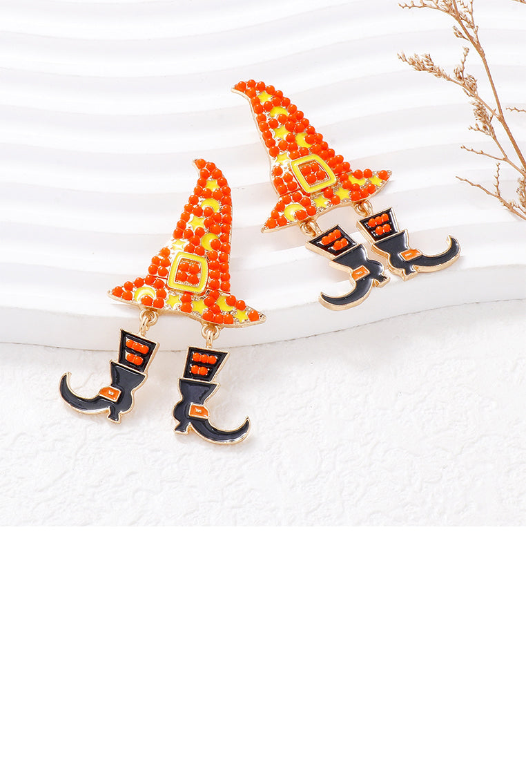 Fashionable and Creative Plated Gold Halloween Wizard Hat Witch Orange Ball Earrings