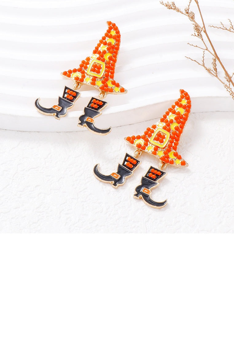 Fashionable and Creative Plated Gold Halloween Wizard Hat Witch Orange Ball Earrings