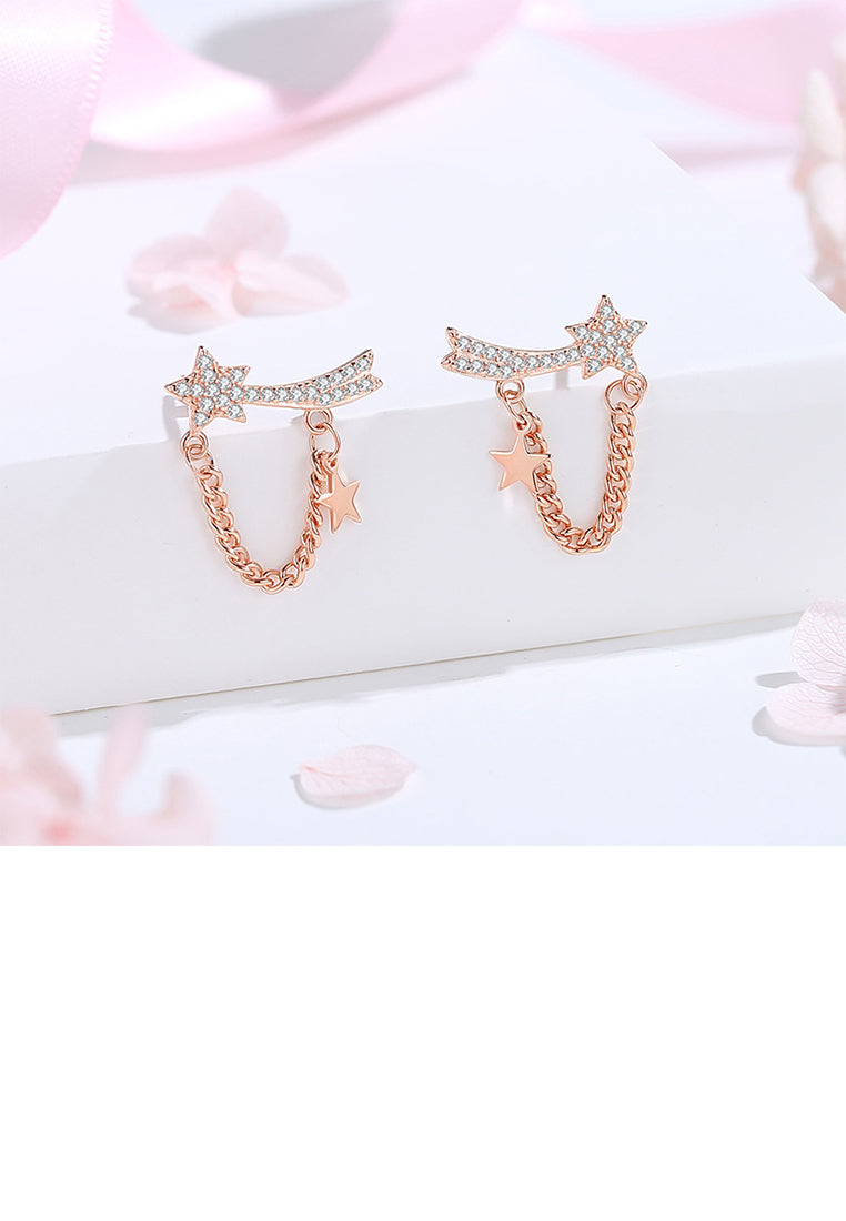 925 Sterling Silver Plated Rose Gold Fashion Simple Shooting Star Tassel Stud Earrings with Cubic Zirconia - Luxurious Look