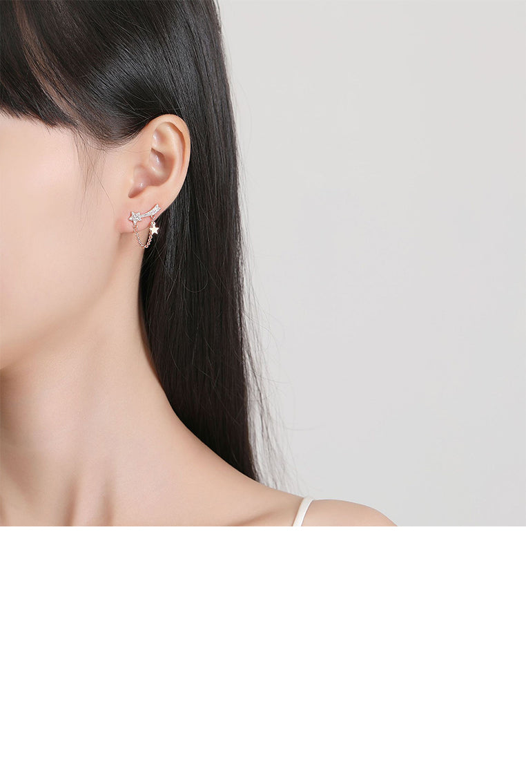 925 Sterling Silver Plated Rose Gold Fashion Simple Shooting Star Tassel Stud Earrings with Cubic Zirconia - Luxurious Look