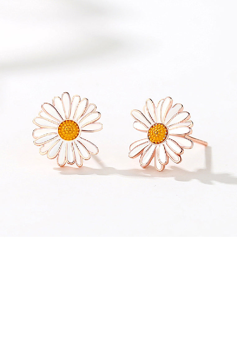925 Sterling Silver Plated Rose Gold Simple Enamel Daisy Stud Earrings