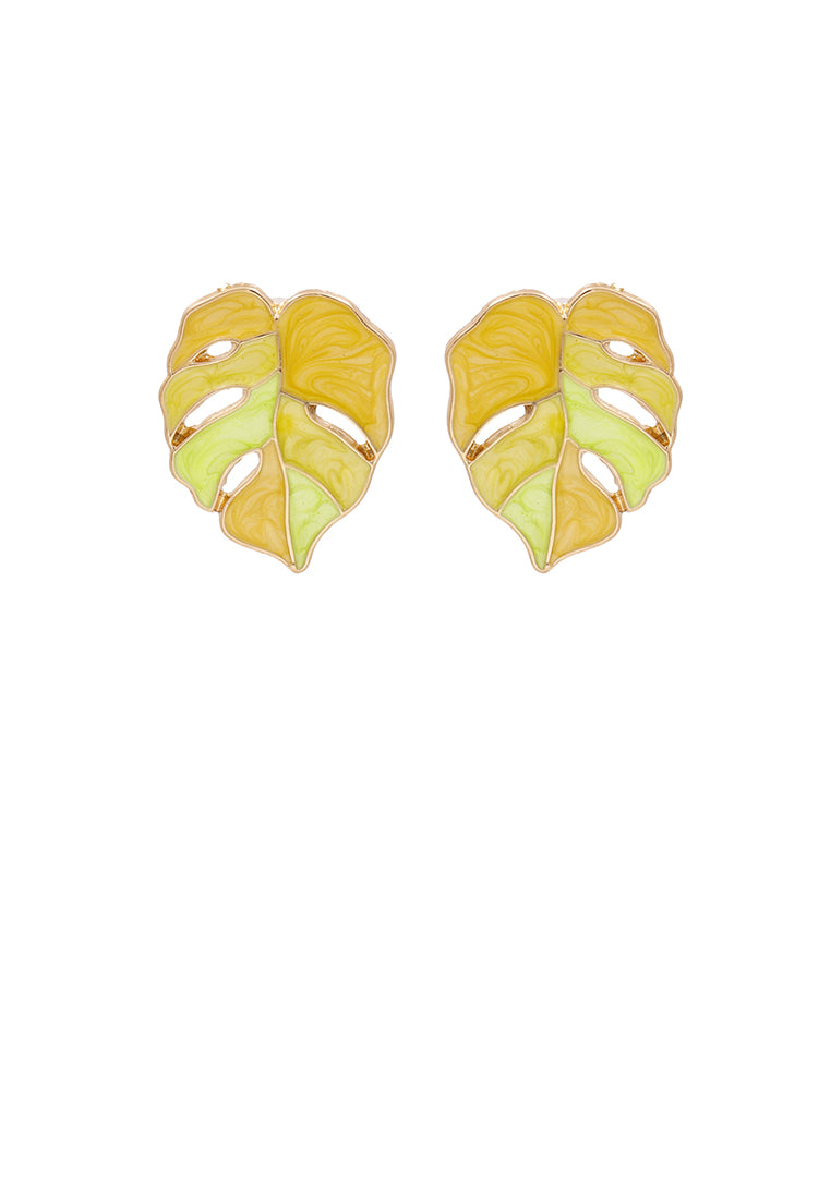 Simple and Fashion Plated Gold Enamel Yellow Leaf Stud Earrings
