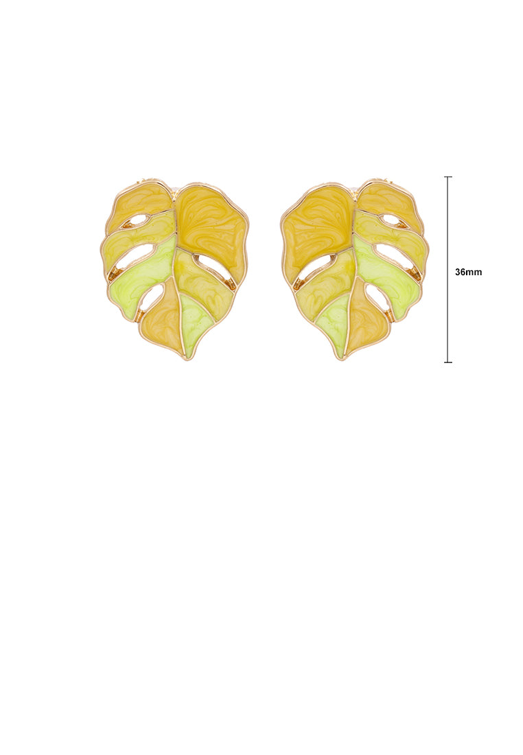 Simple and Fashion Plated Gold Enamel Yellow Leaf Stud Earrings