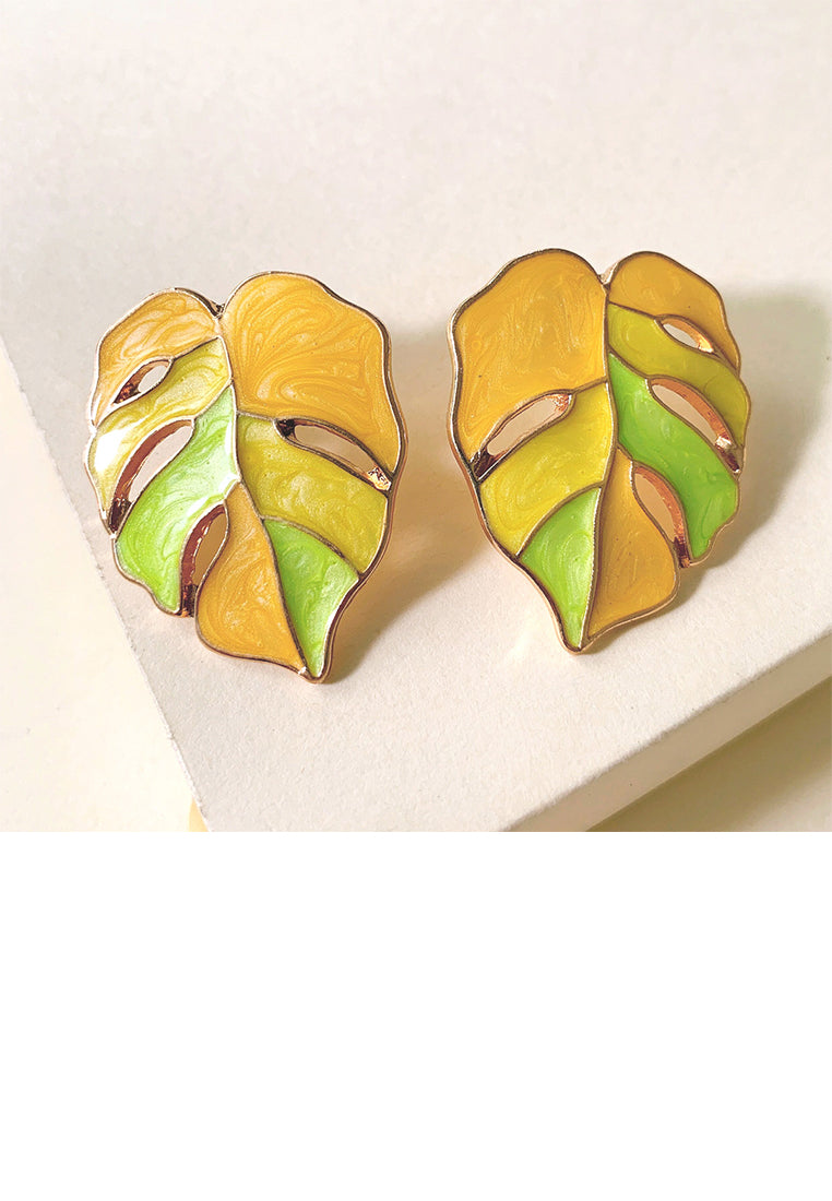 Simple and Fashion Plated Gold Enamel Yellow Leaf Stud Earrings
