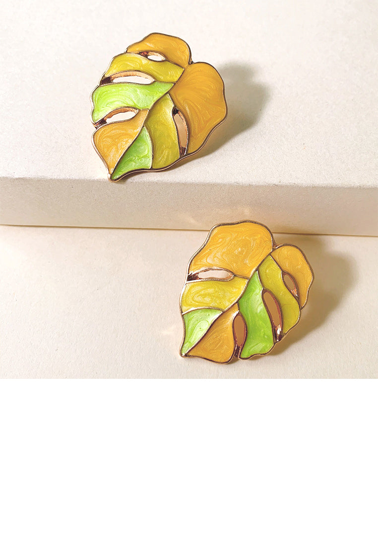 Simple and Fashion Plated Gold Enamel Yellow Leaf Stud Earrings