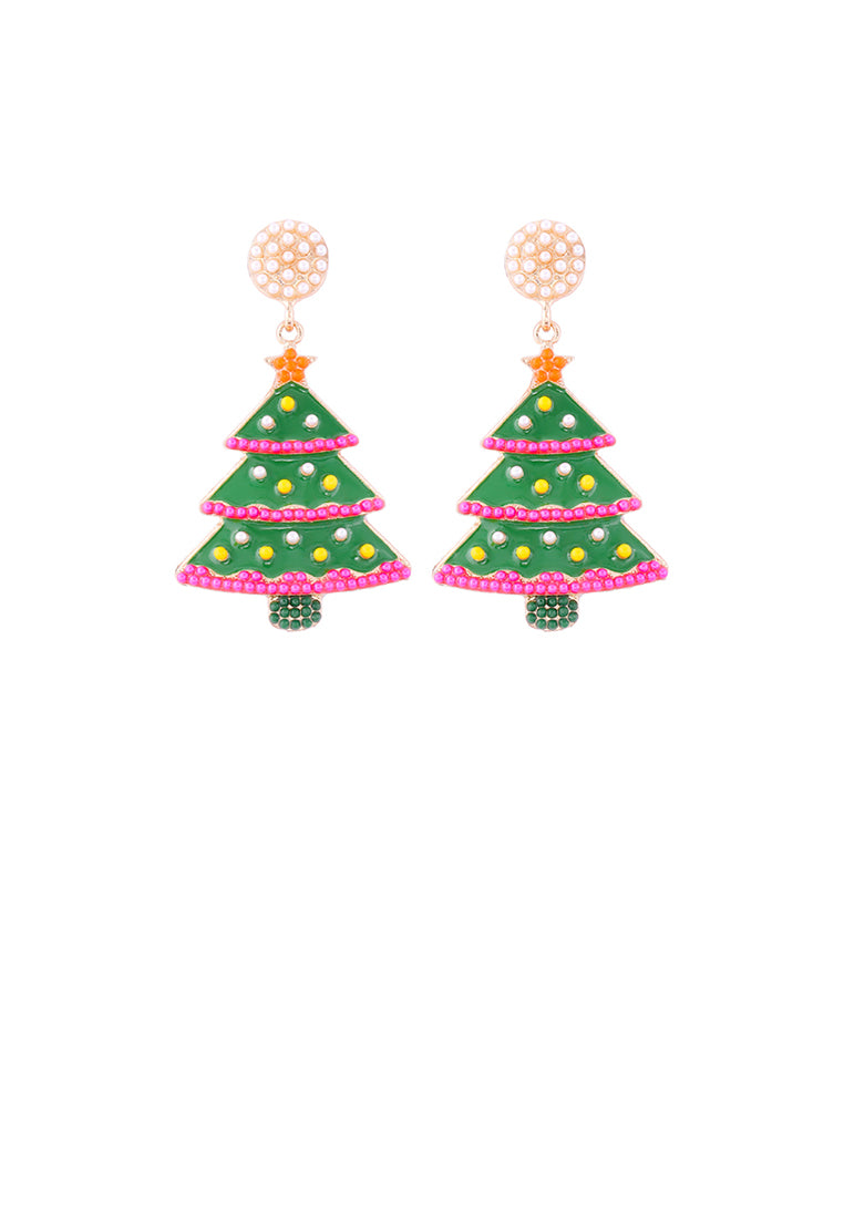 Simple and Fashion Plated Gold Enamel Christmas Tree Stud Earrings with White Imitation Pearls