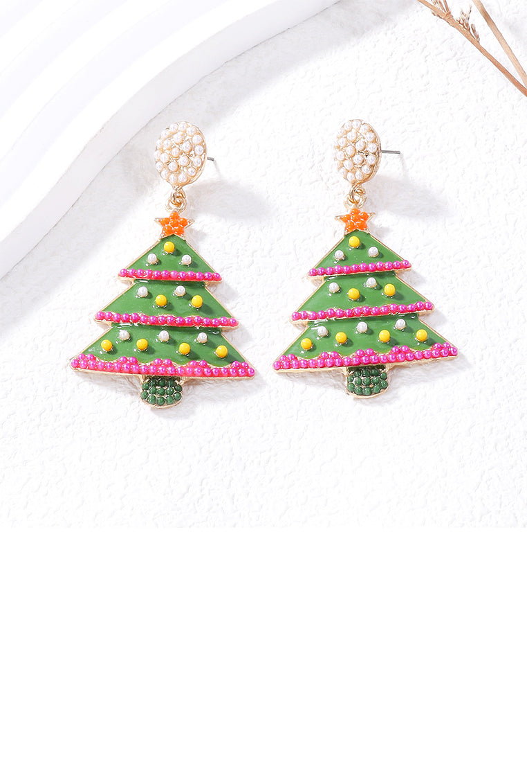Simple and Fashion Plated Gold Enamel Christmas Tree Stud Earrings with White Imitation Pearls
