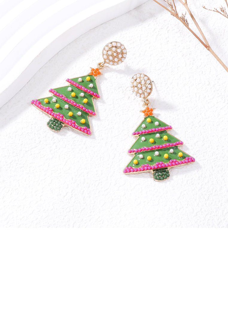 Simple and Fashion Plated Gold Enamel Christmas Tree Stud Earrings with White Imitation Pearls