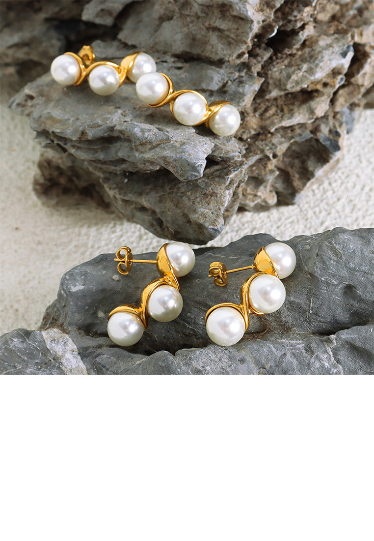 Fashion and Elegant Plated Gold 316L Stainless Steel Pea Imitation Pearl Earrings - Luxurious Look