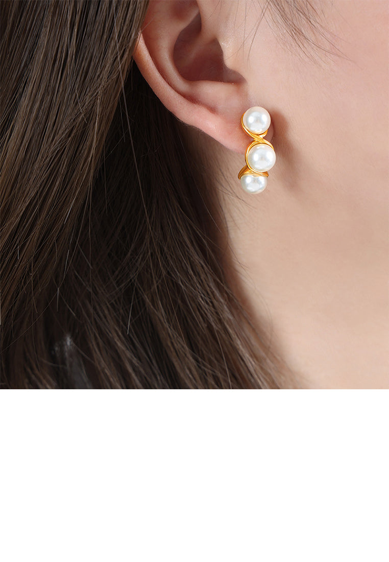 Fashion and Elegant Plated Gold 316L Stainless Steel Pea Imitation Pearl Earrings - Luxurious Look