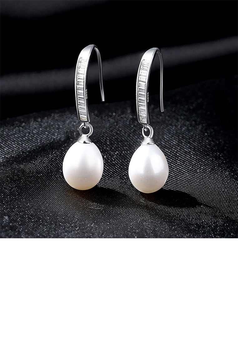 925 Sterling Silver Fashion and Elegant Water Drop Shape Freshwater Pearl Earrings with Cubic Zirconia - Luxurious Look