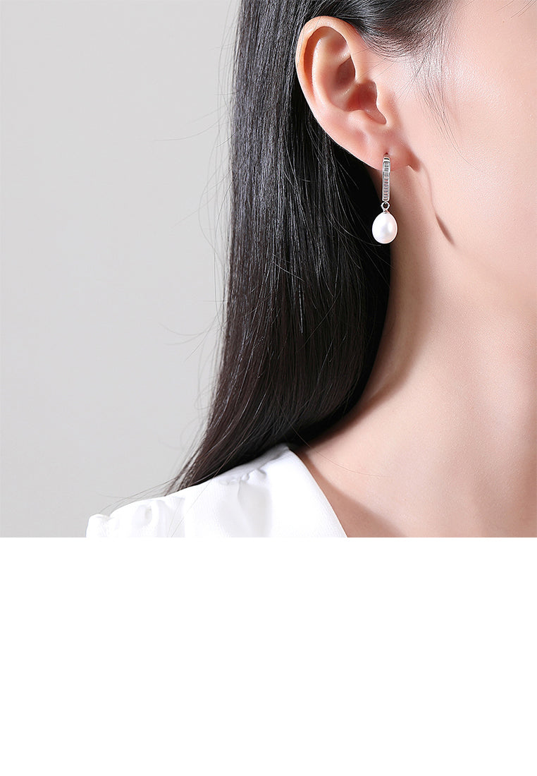 925 Sterling Silver Fashion and Elegant Water Drop Shape Freshwater Pearl Earrings with Cubic Zirconia - Luxurious Look