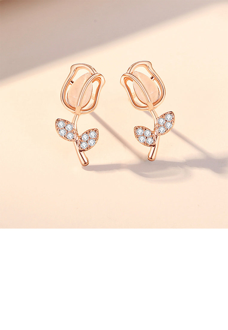 925 Sterling Silver Plated Rose Gold Simple and Fashion Tulip Imitation Cats Eye Stud Earrings with Cubic Zirconia - Luxurious Look