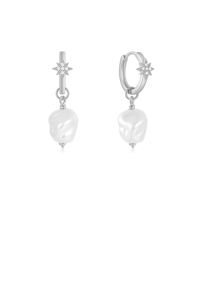 925 Sterling Silver Fashion and Elegant Eight-pointed Star Irregular Imitation Pearl Earrings with Cubic Zirconia - Luxurious Look