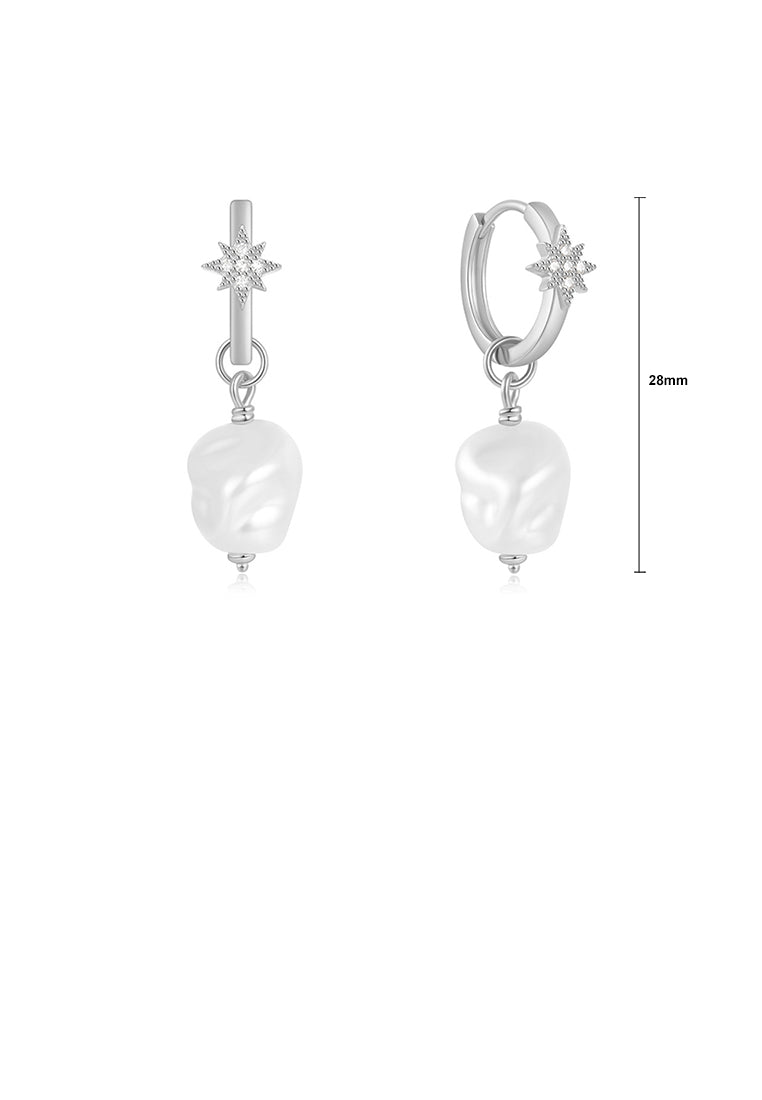 925 Sterling Silver Fashion and Elegant Eight-pointed Star Irregular Imitation Pearl Earrings with Cubic Zirconia - Luxurious Look