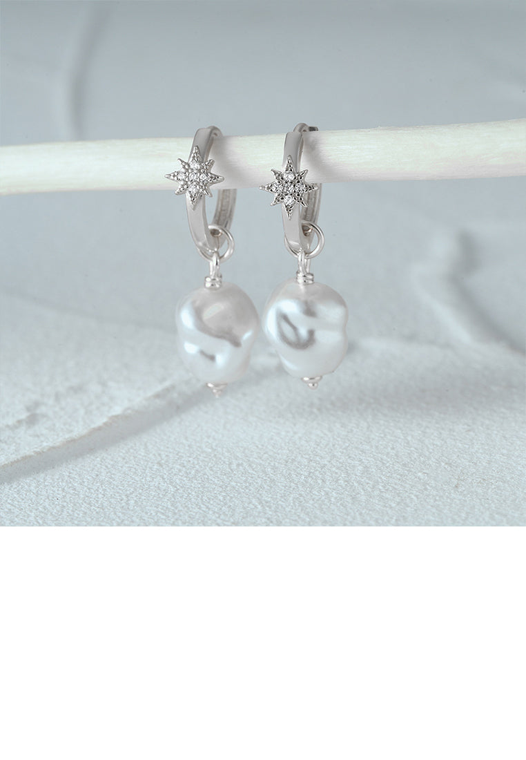 925 Sterling Silver Fashion and Elegant Eight-pointed Star Irregular Imitation Pearl Earrings with Cubic Zirconia - Luxurious Look