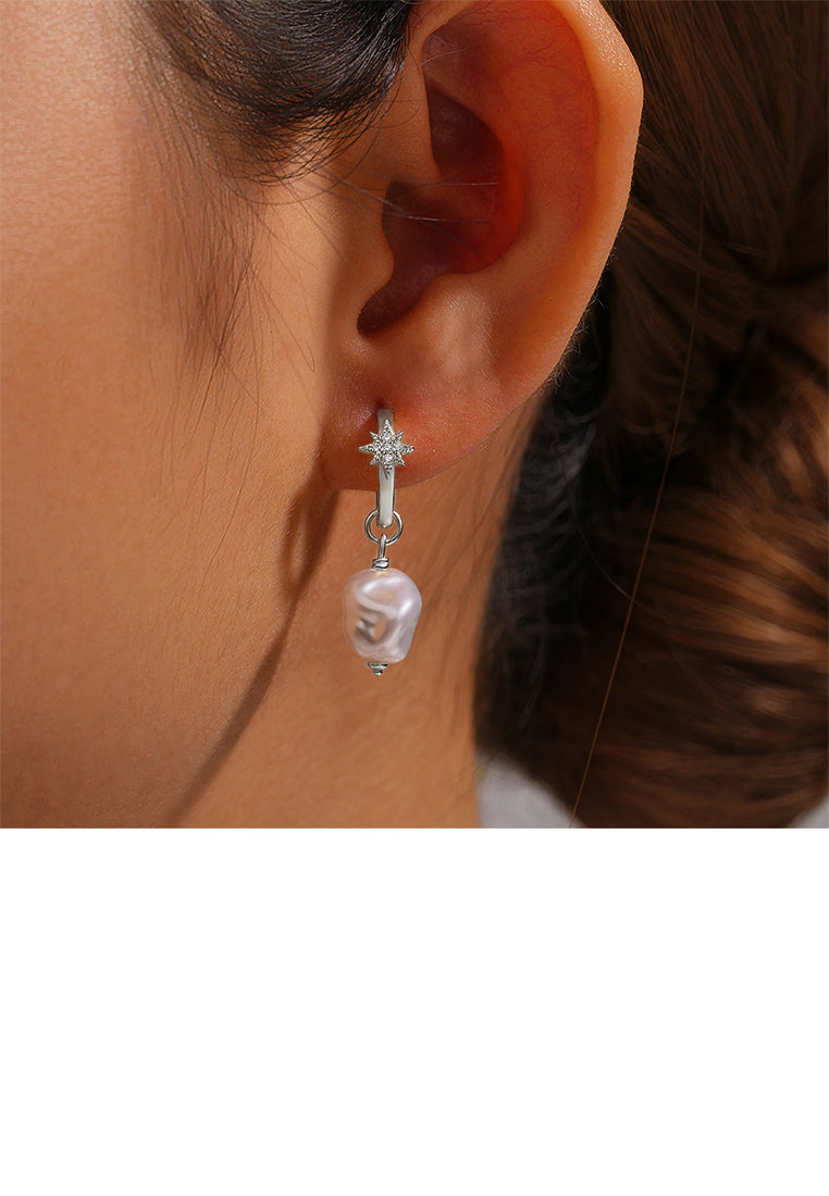 925 Sterling Silver Fashion and Elegant Eight-pointed Star Irregular Imitation Pearl Earrings with Cubic Zirconia - Luxurious Look