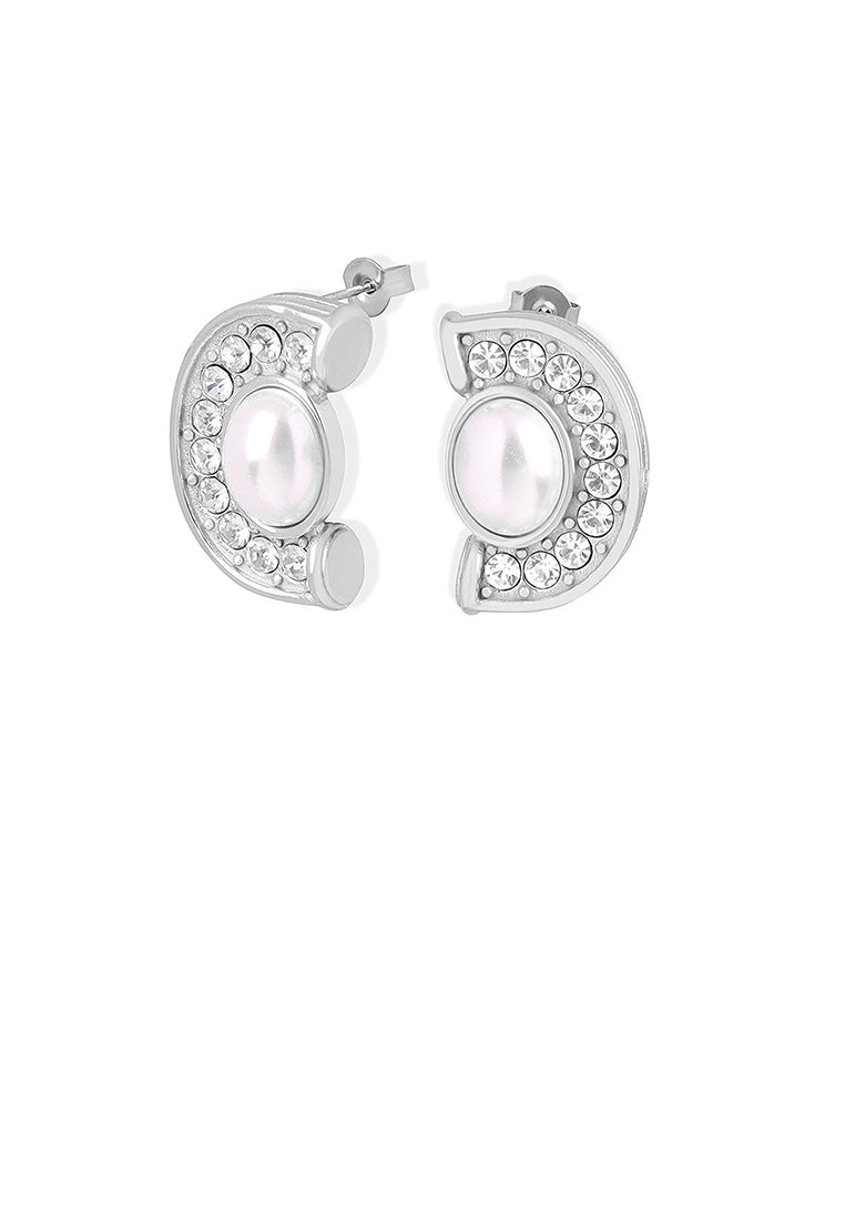 Fashion and Elegant 316L Stainless Steel Half Round Imitation Pearl Stud Earrings with Cubic Zirconia - Luxurious Look