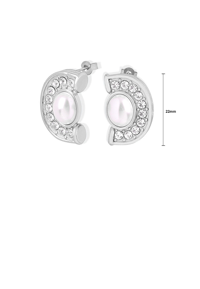 Fashion and Elegant 316L Stainless Steel Half Round Imitation Pearl Stud Earrings with Cubic Zirconia - Luxurious Look