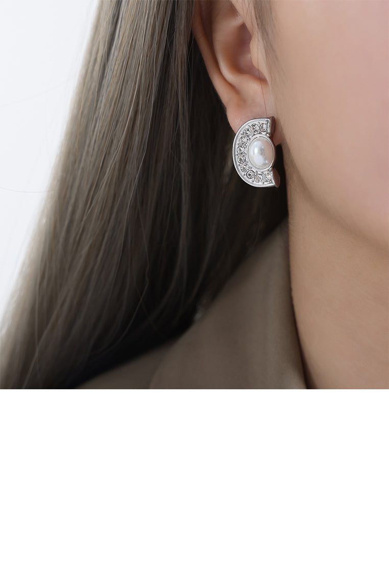 Fashion and Elegant 316L Stainless Steel Half Round Imitation Pearl Stud Earrings with Cubic Zirconia - Luxurious Look