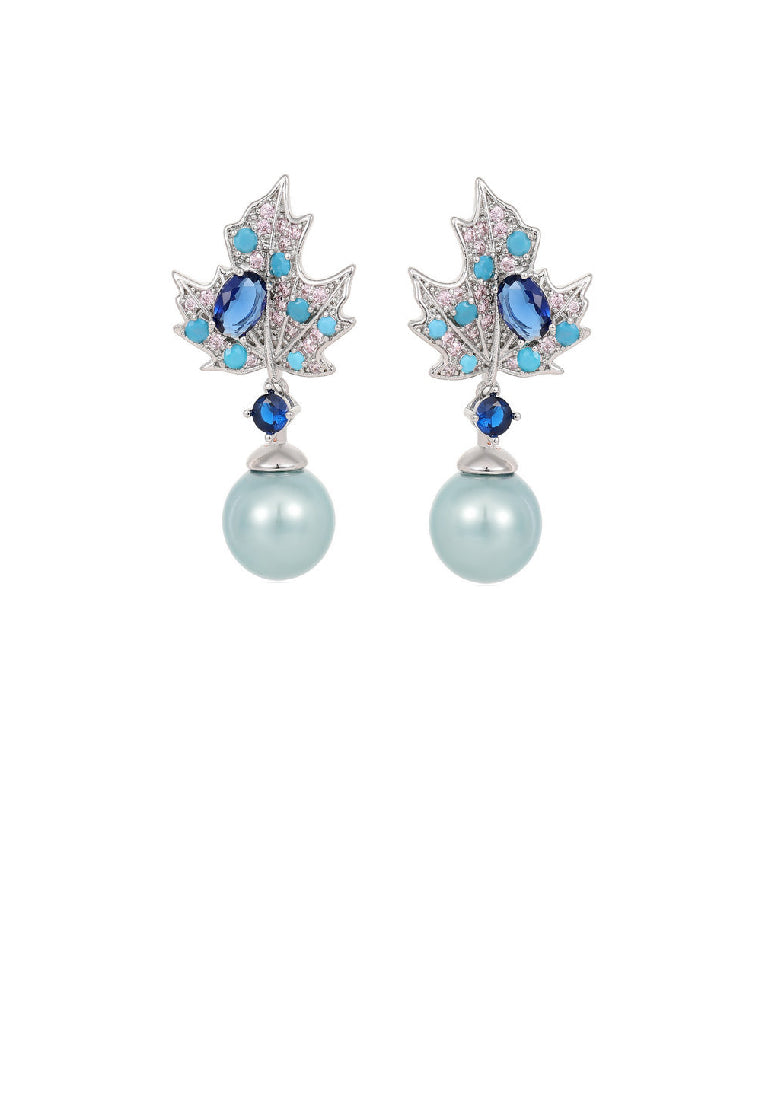 Fashion Temperament Maple Leaf Imitation Pearl Earrings with Blue Cubic Zirconia - Luxurious Look