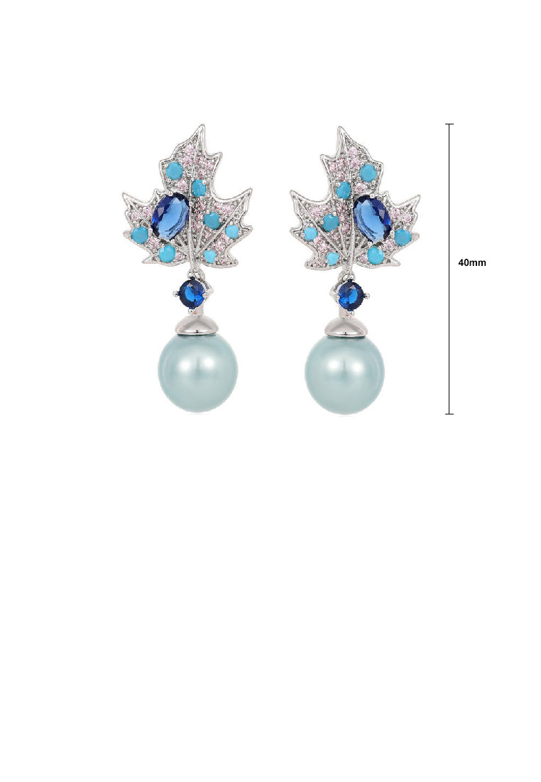 Fashion Temperament Maple Leaf Imitation Pearl Earrings with Blue Cubic Zirconia - Luxurious Look