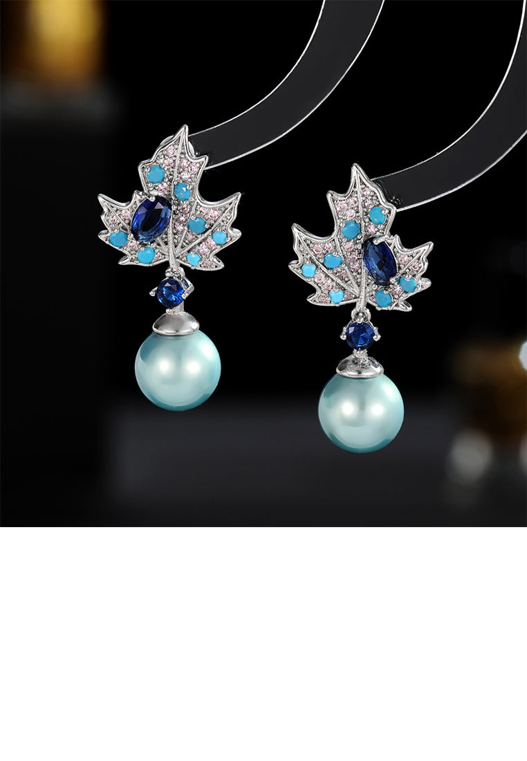 Fashion Temperament Maple Leaf Imitation Pearl Earrings with Blue Cubic Zirconia - Luxurious Look