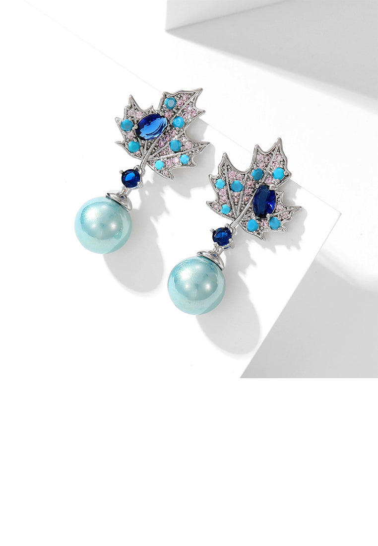 Fashion Temperament Maple Leaf Imitation Pearl Earrings with Blue Cubic Zirconia - Luxurious Look