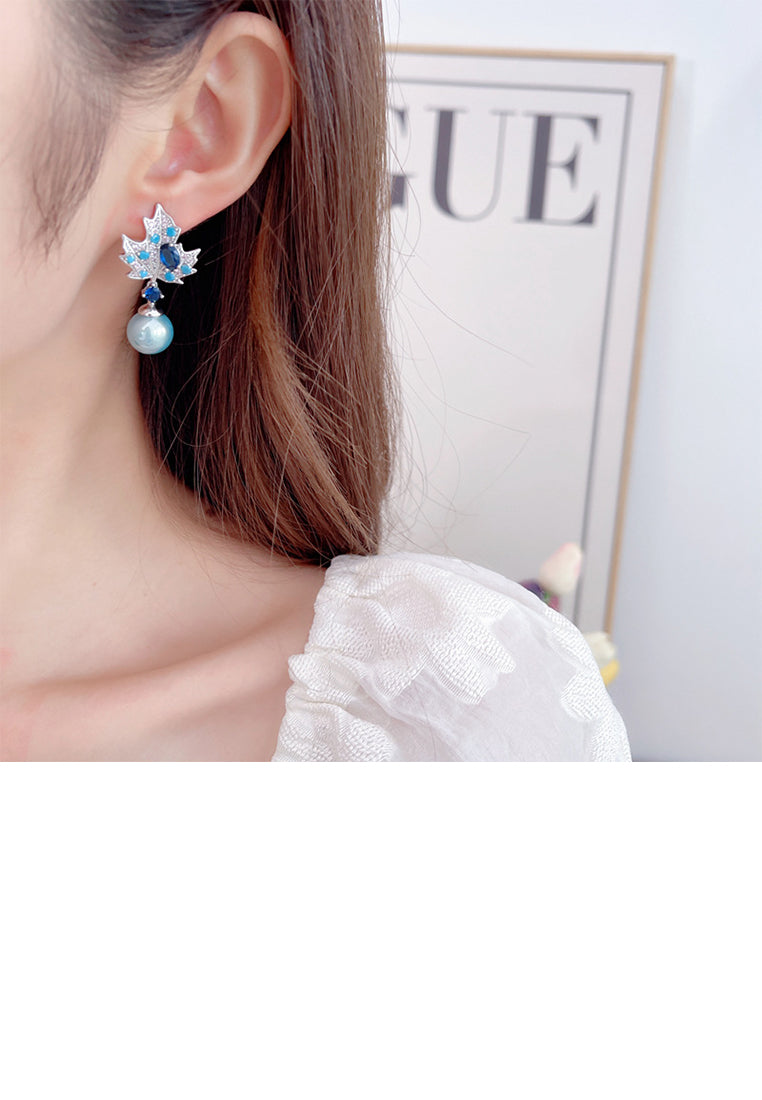 Fashion Temperament Maple Leaf Imitation Pearl Earrings with Blue Cubic Zirconia - Luxurious Look