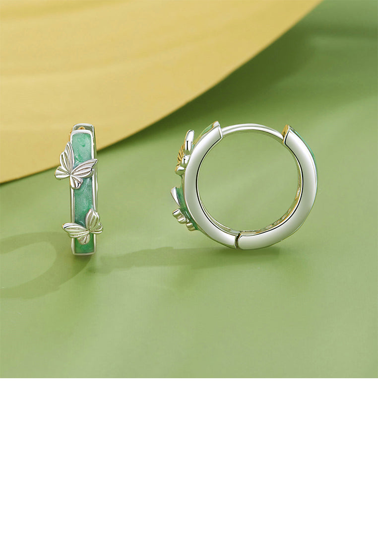 925 Sterling Silver Fashion Simple Butterfly Enamel Green Geometric Circle Earrings