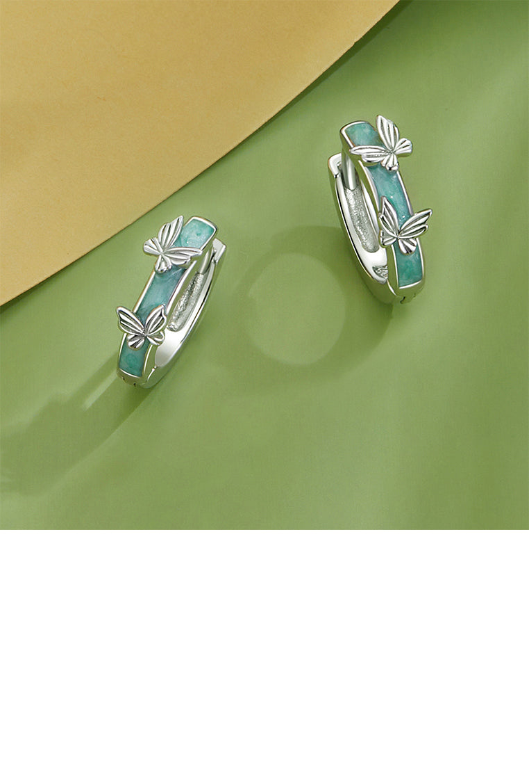 925 Sterling Silver Fashion Simple Butterfly Enamel Green Geometric Circle Earrings