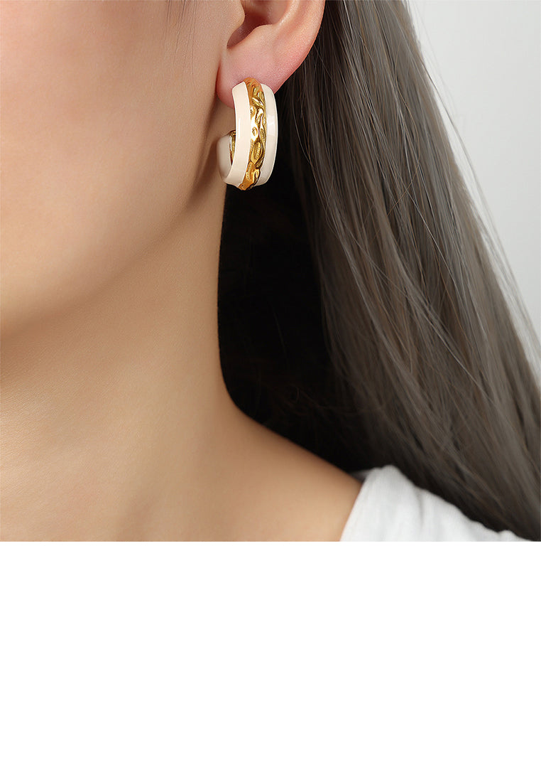 Fashion and Elegant Plated Gold 316L Stainless Steel Enamel White C-shaped Geometric Stud Earrings