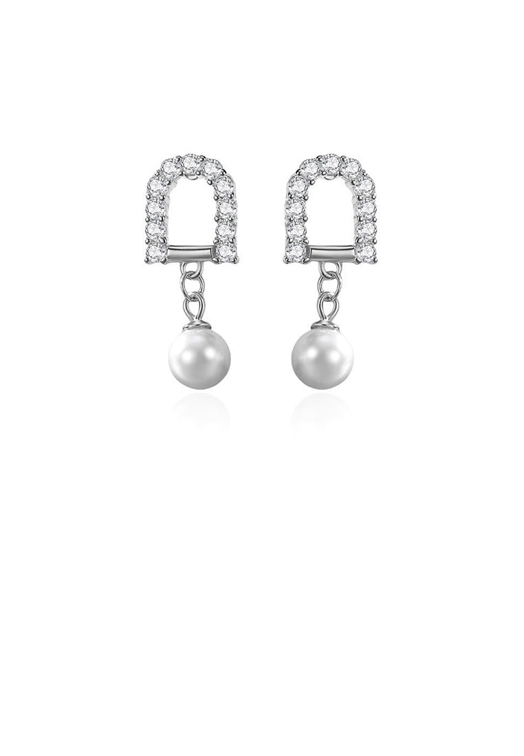 925 Sterling Silver Fashion Simple Geometric Imitation Pearl Earrings with Cubic Zirconia - Luxurious Look