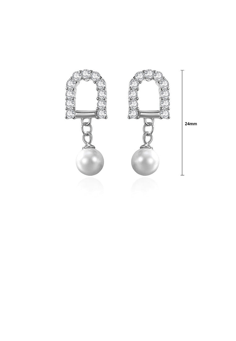925 Sterling Silver Fashion Simple Geometric Imitation Pearl Earrings with Cubic Zirconia - Luxurious Look