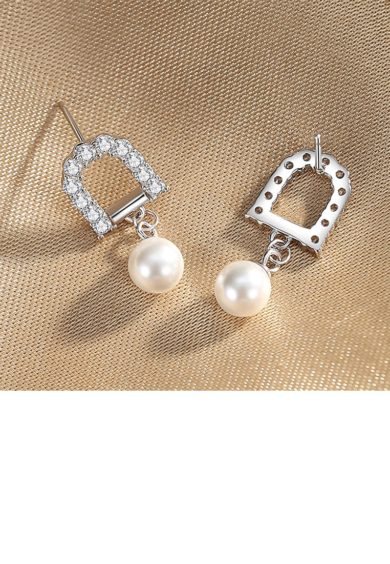 925 Sterling Silver Fashion Simple Geometric Imitation Pearl Earrings with Cubic Zirconia - Luxurious Look