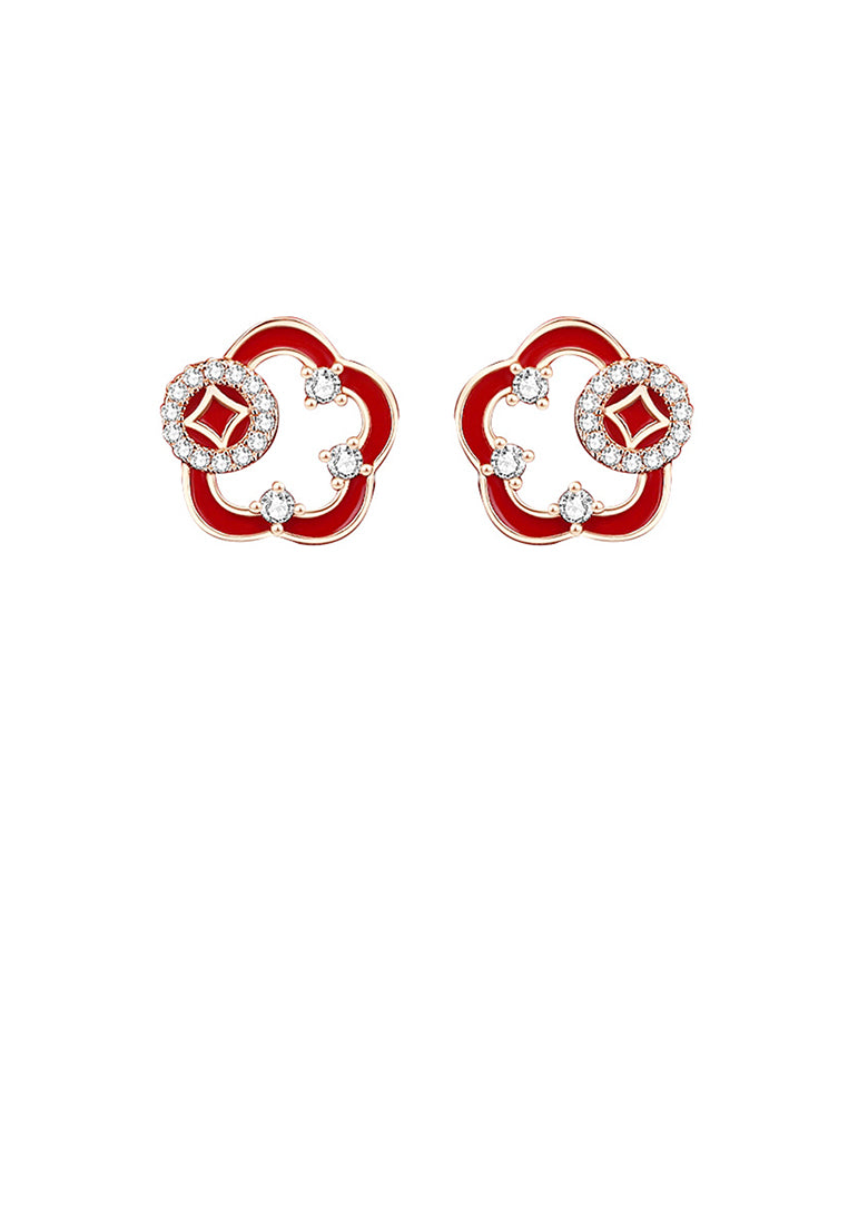 925 Sterling Silver Plated Rose Gold Fashion and Creative Coin Hollow Flower Stud Earrings with Cubic Zirconia - Luxurious Look