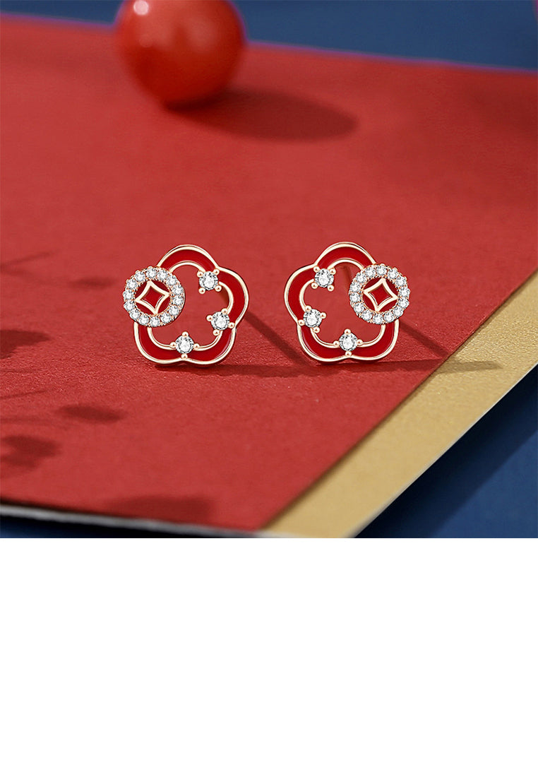 925 Sterling Silver Plated Rose Gold Fashion and Creative Coin Hollow Flower Stud Earrings with Cubic Zirconia - Luxurious Look
